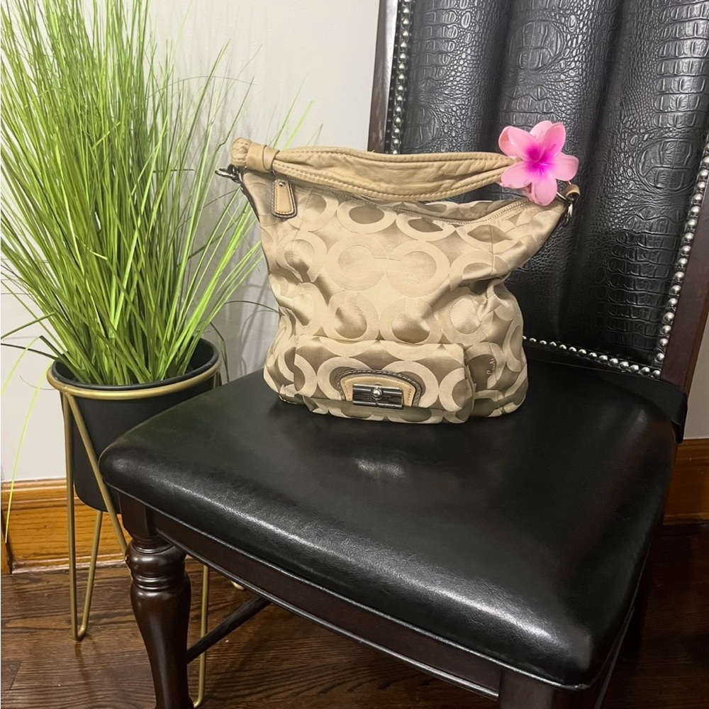 Coach Tan Shoulder Bag with Pink Flower Accent